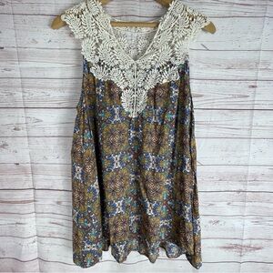 Umgee sleeveless tunic cream crochet lace Neckline Sz M Boho Print Festival